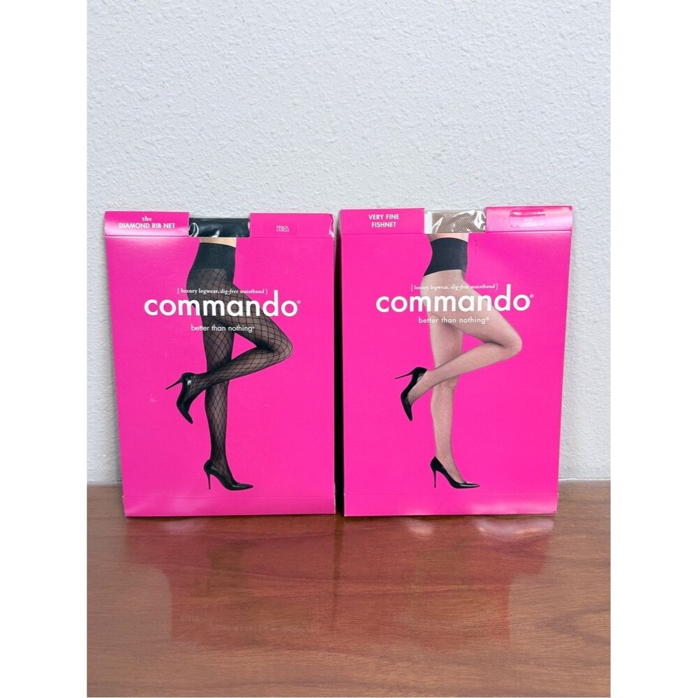 2 Commando Legwear Tights Black Diamond & Buff Very Fine Fishnet L NWT